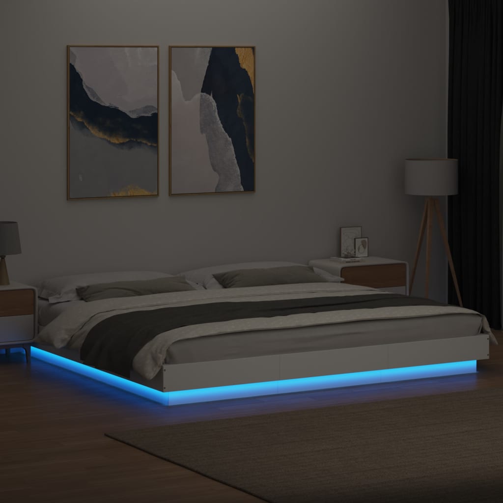 Sengeramme Med Led-Lys Hvit 200X200 Cm Konstruert Tre