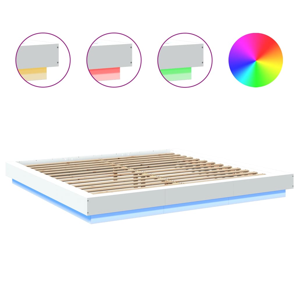 Sengeramme Med Led-Lys Hvit 180X200 Cm Konstruert Tre
