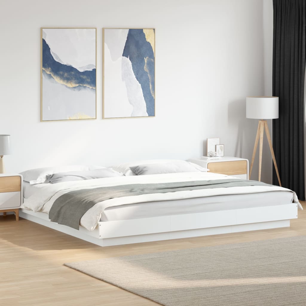 Sengeramme Med Led-Lys Hvit 180X200 Cm Konstruert Tre