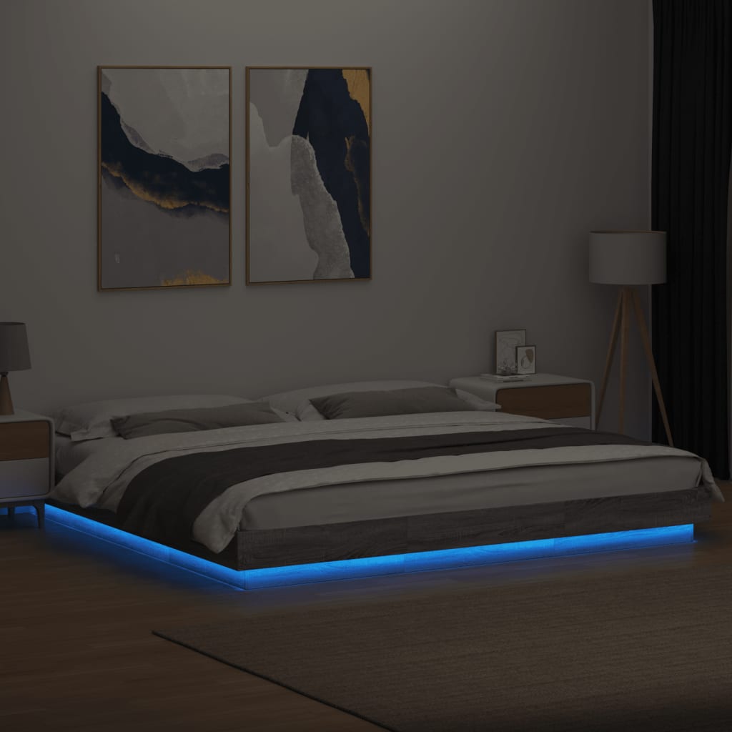 Sengeramme Med Led-Lys Grå Sonoma 180X200 Cm Konstruert Tre