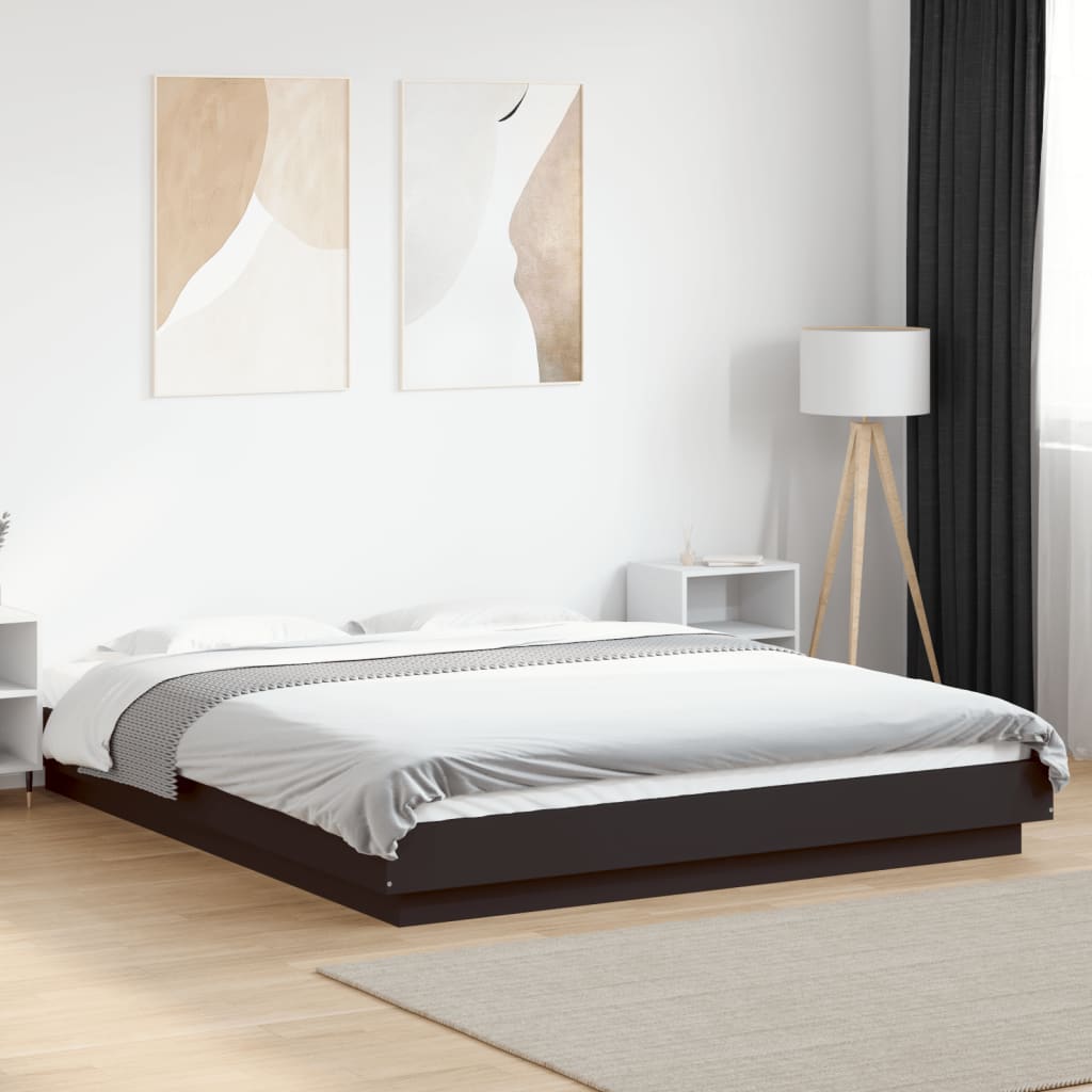 Sengeramme Med Led-Lys Svart 160X200 Cm Konstruert Tre