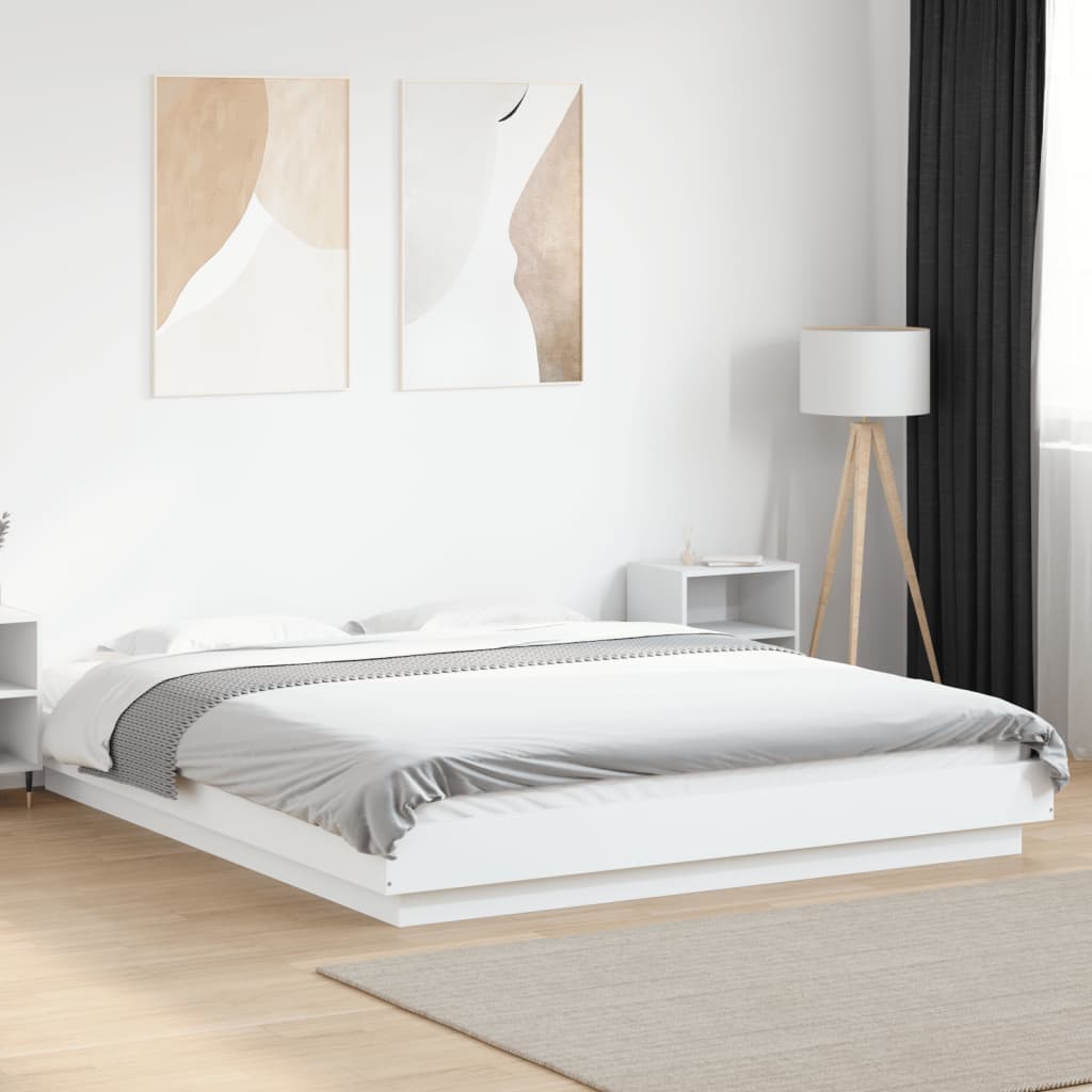 Sengeramme Med Led-Lys Hvit 150X200 Cm Konstruert Tre