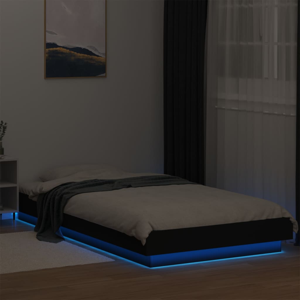 Sengeramme Med Led-Lys Svart 90X200 Cm Konstruert Tre