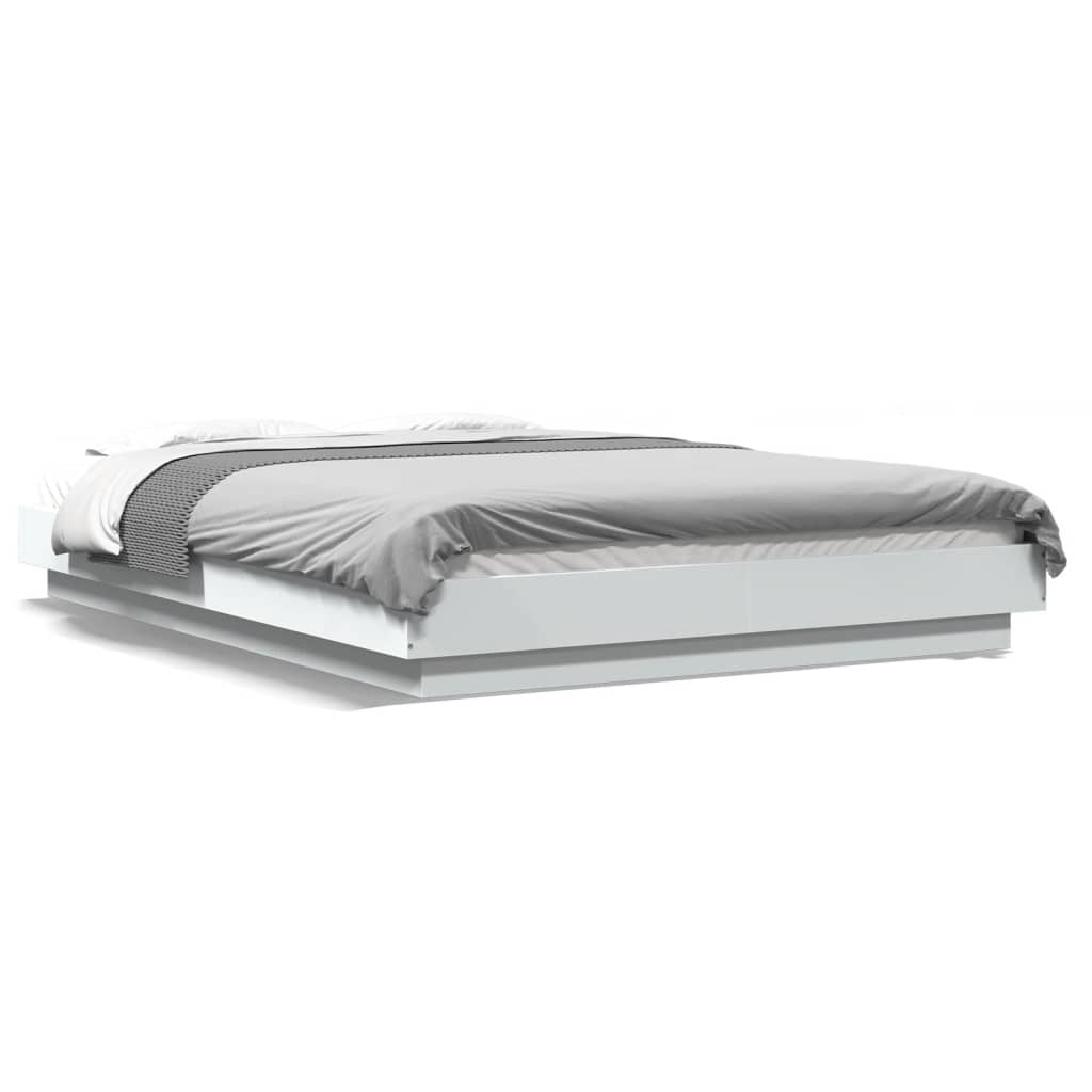 Sengeramme Med Led-Lys Hvit 140X190 Cm Konstruert Tre
