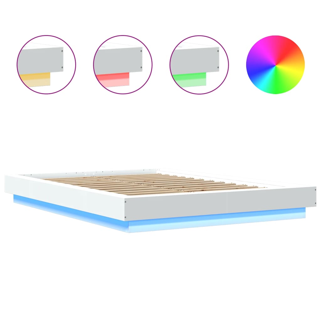 Sengeramme Med Led-Lys Hvit 140X190 Cm Konstruert Tre