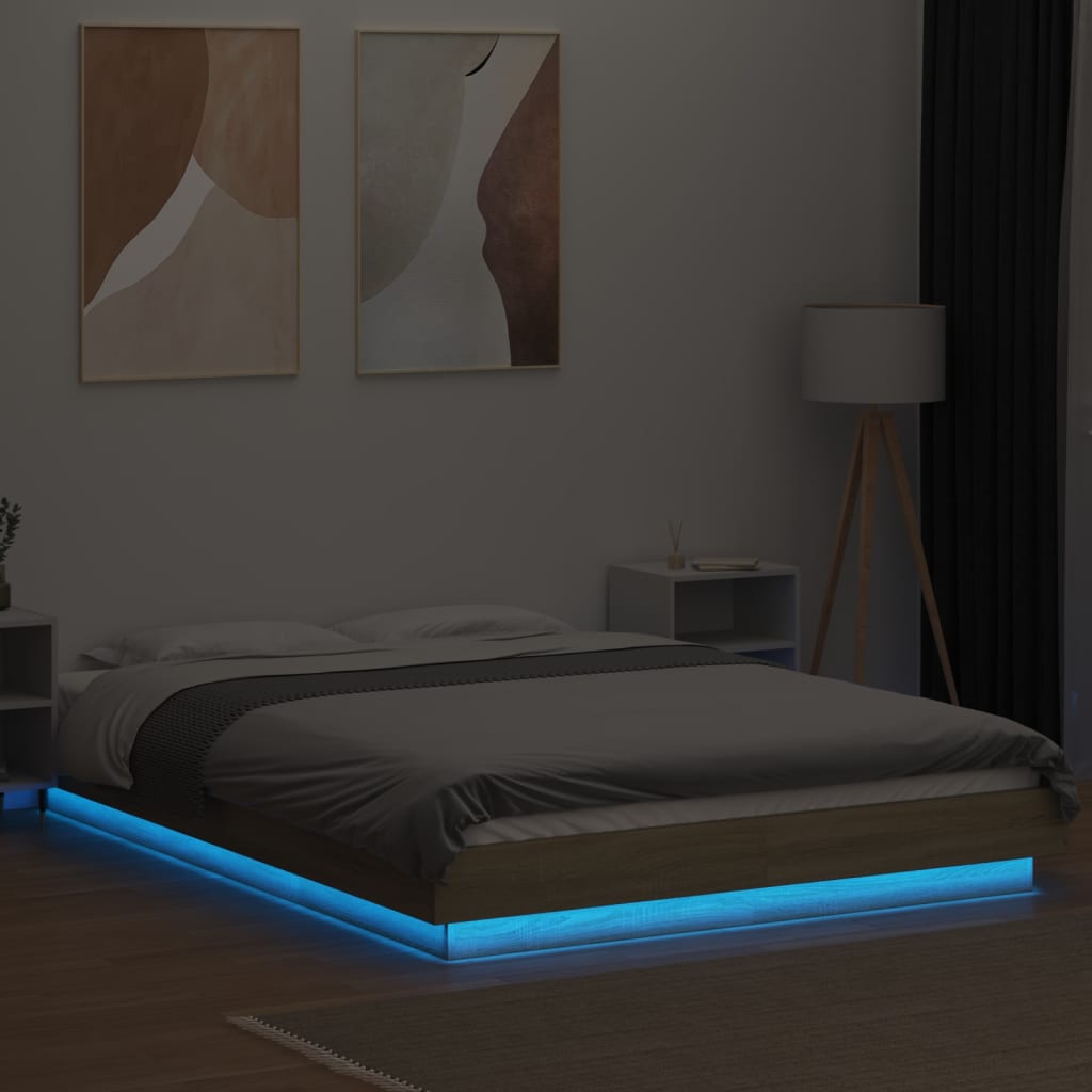 Sengeramme Med Led-Lys Sonoma Eik 135X190 Cm Konstruert Tre