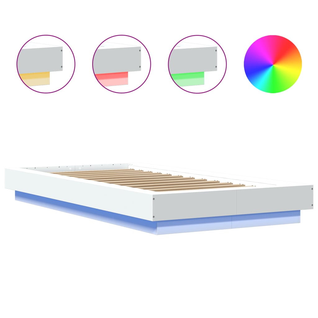 Sengeramme Med Led-Lys Hvit 90X190 Cm Konstruert Tre