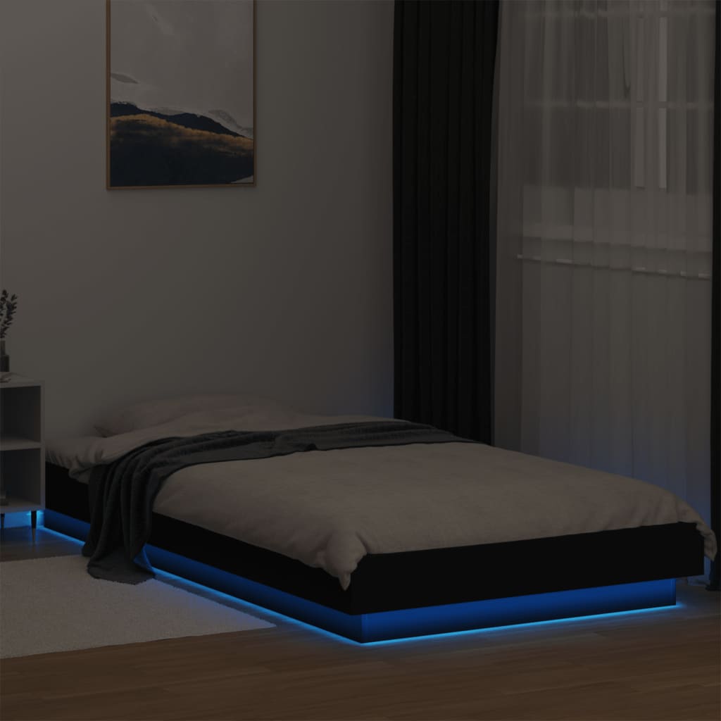 Sengeramme Med Led-Lys Svart 75X190 Cm Konstruert Tre