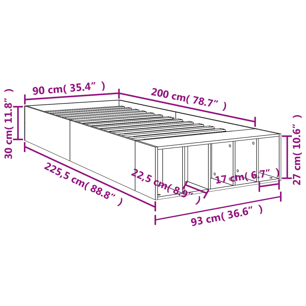 Sengeramme Sonoma Eik 90X200 Cm Konstruert Tre