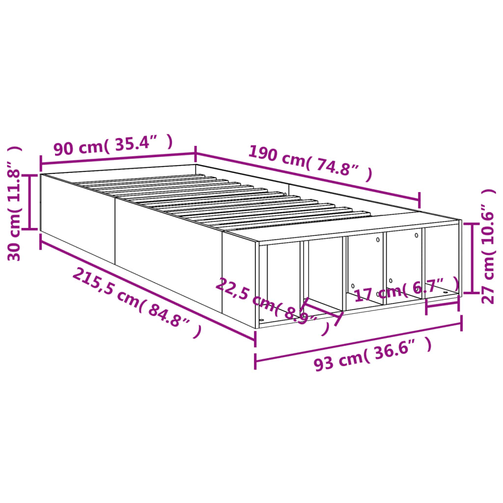 Sengeramme Sonoma Eik 90X190 Cm Konstruert Tre