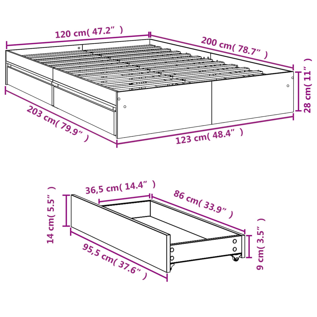 Sengeramme Med Skuffer Sonoma Eik 120X200 Cm Konstruert Tre