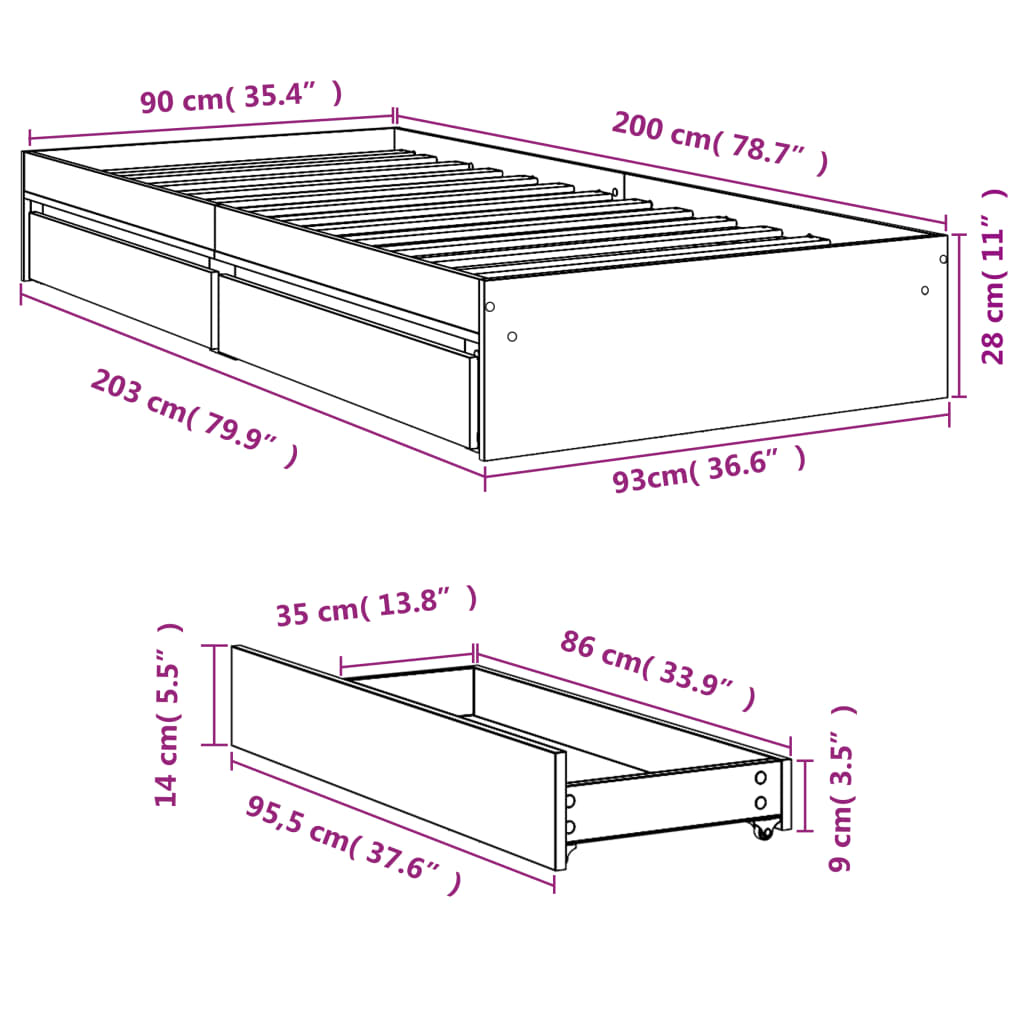 Sengeramme Med Skuffer Sonoma Eik 90X200 Cm Konstruert Tre