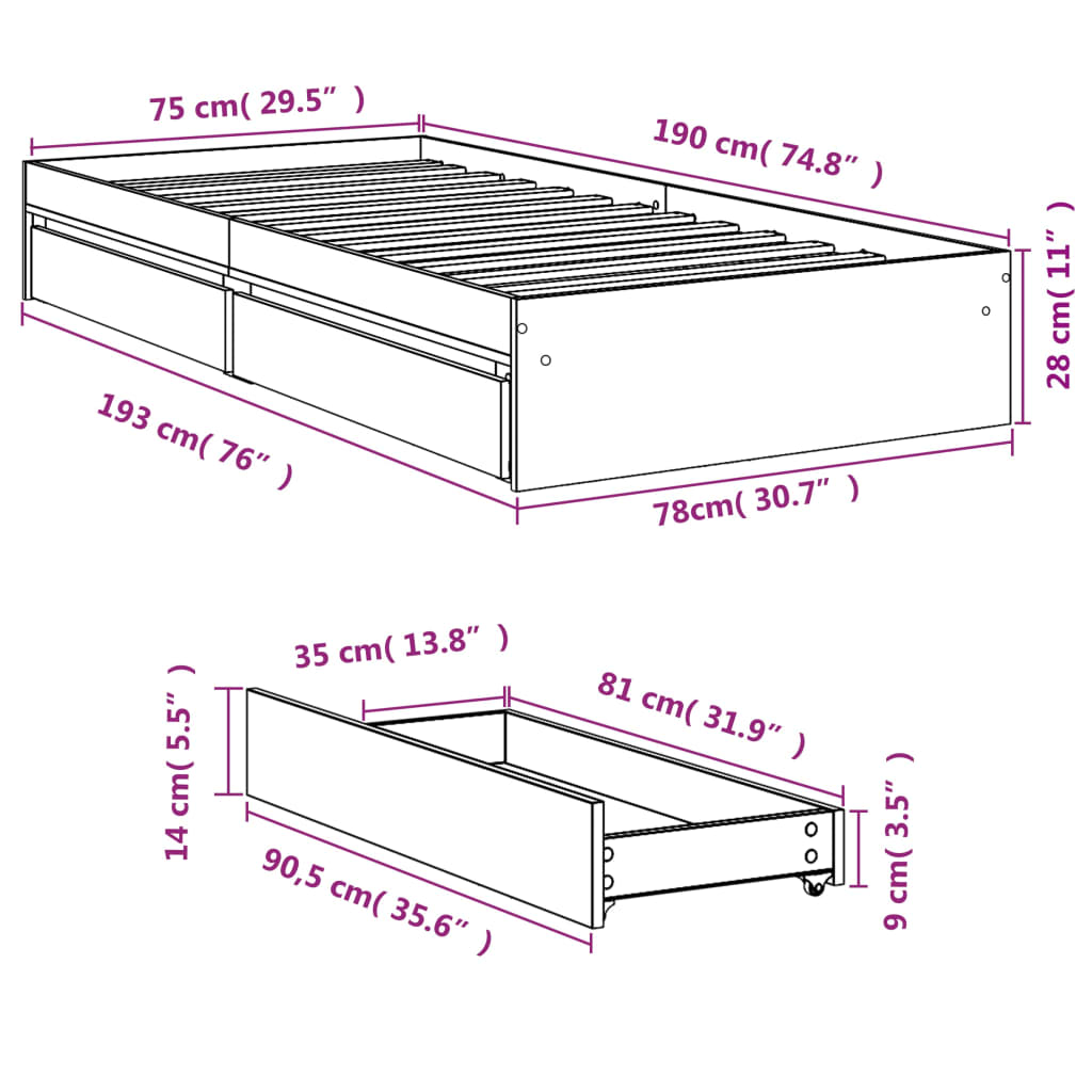 Sengeramme Med Skuffer Hvit 75X190 Cm Konstruert Tre