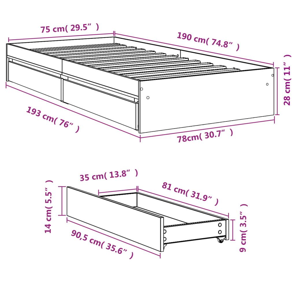 Sengeramme Med Skuffer Sonoma Eik 75X190 Cm Konstruert Tre