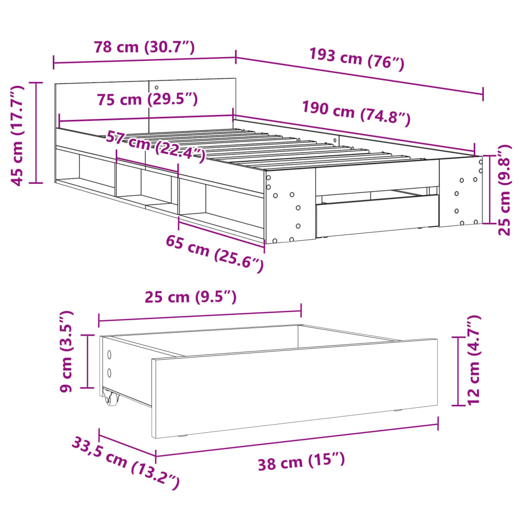 Sengeramme Med Skuff Hvit 75X190 Cm Konstruert Tre