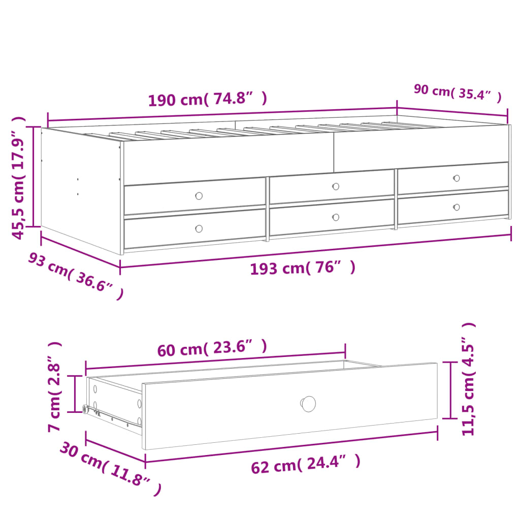 Dagseng Med Skuffer Uten Madrass Grå Sonoma 90X190 Cm