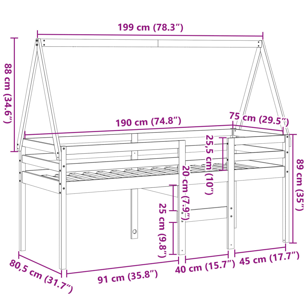 Høyseng Med Tak Hvit 75X190 Cm Heltre Furu
