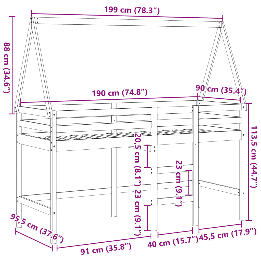 Køyeseng Med Stige Og Tak 90X190 Cm Heltre Furu