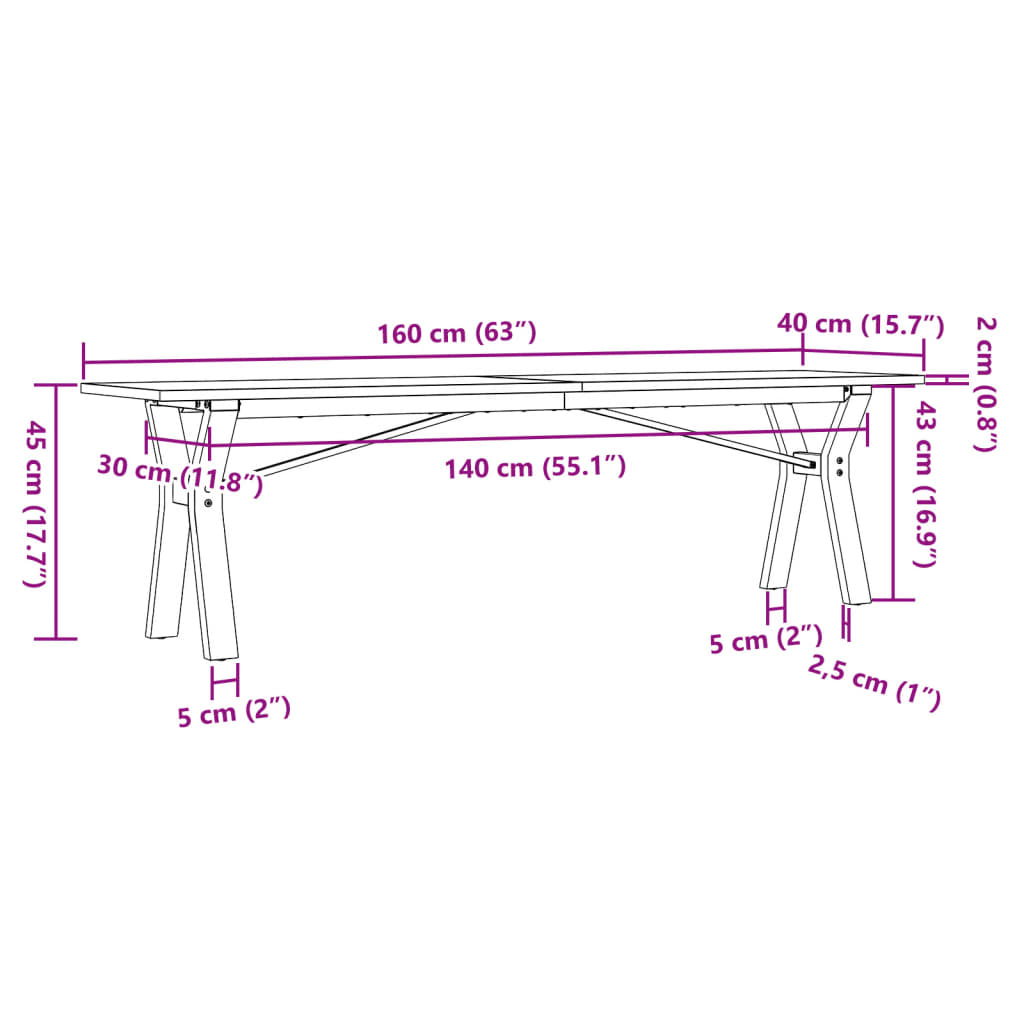 Salongbord Y-Ramme 160X40X45 Cm Heltre Furu Og Stål