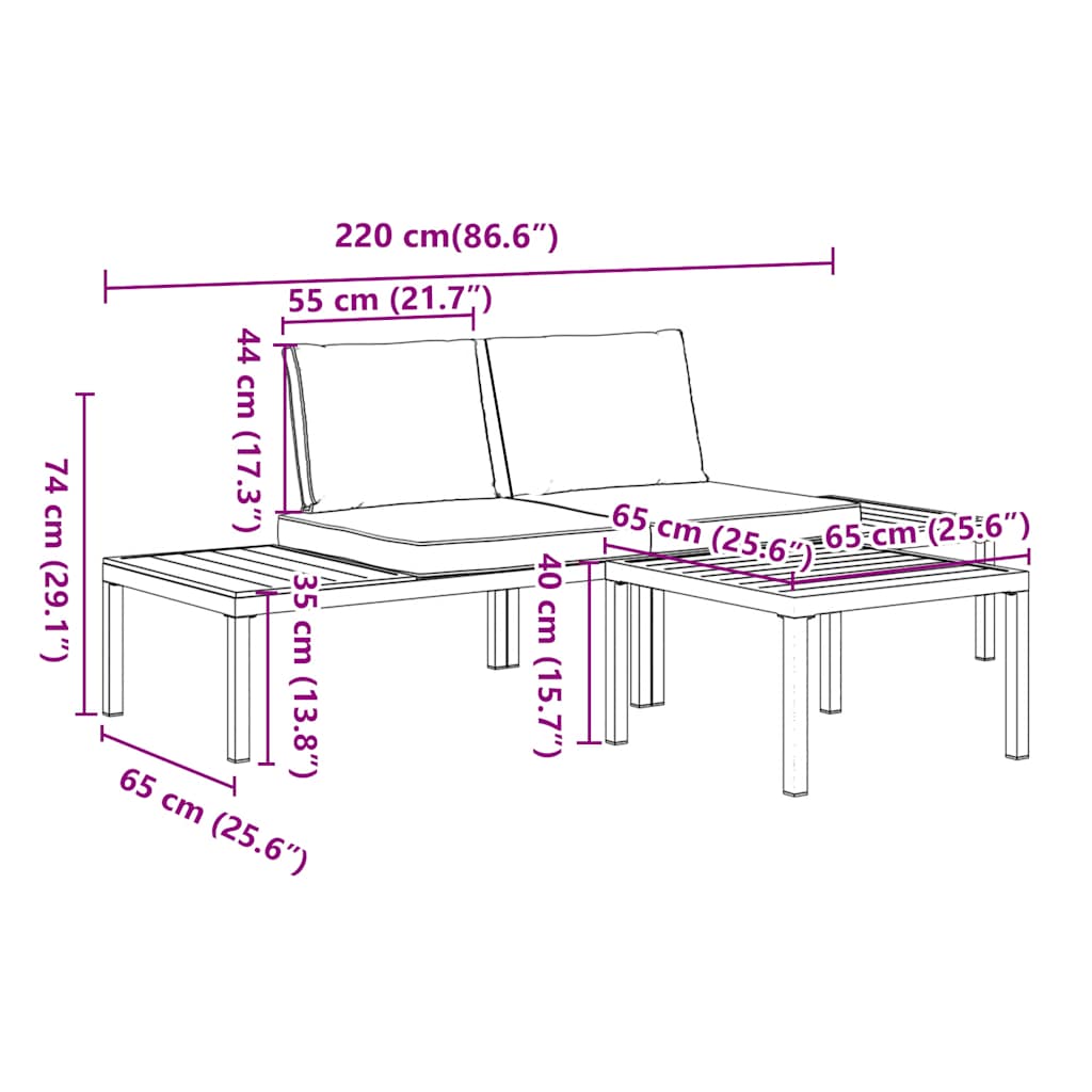 Hagesofasett Med Puter 3 Deler Svart Aluminium