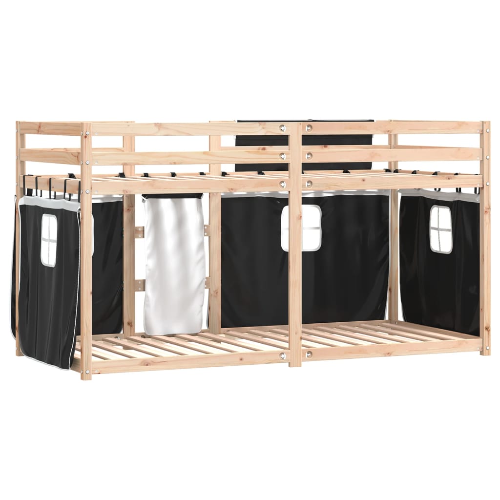 Køyeseng Med Gardiner Hvit Og Svart 90X190 Cm Heltre Furu