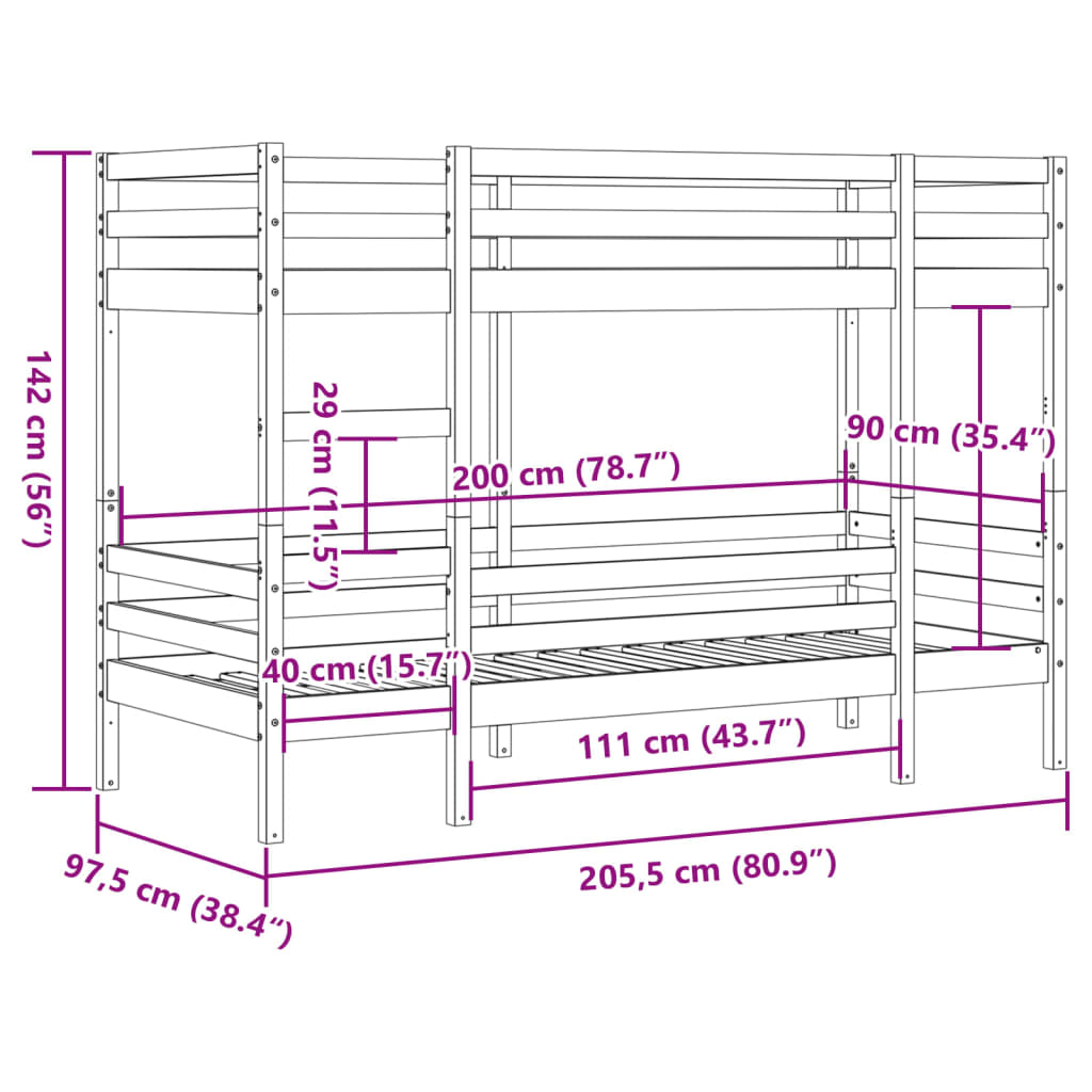 Køyeseng Uten Madrass 90X200 Cm Heltre Furu