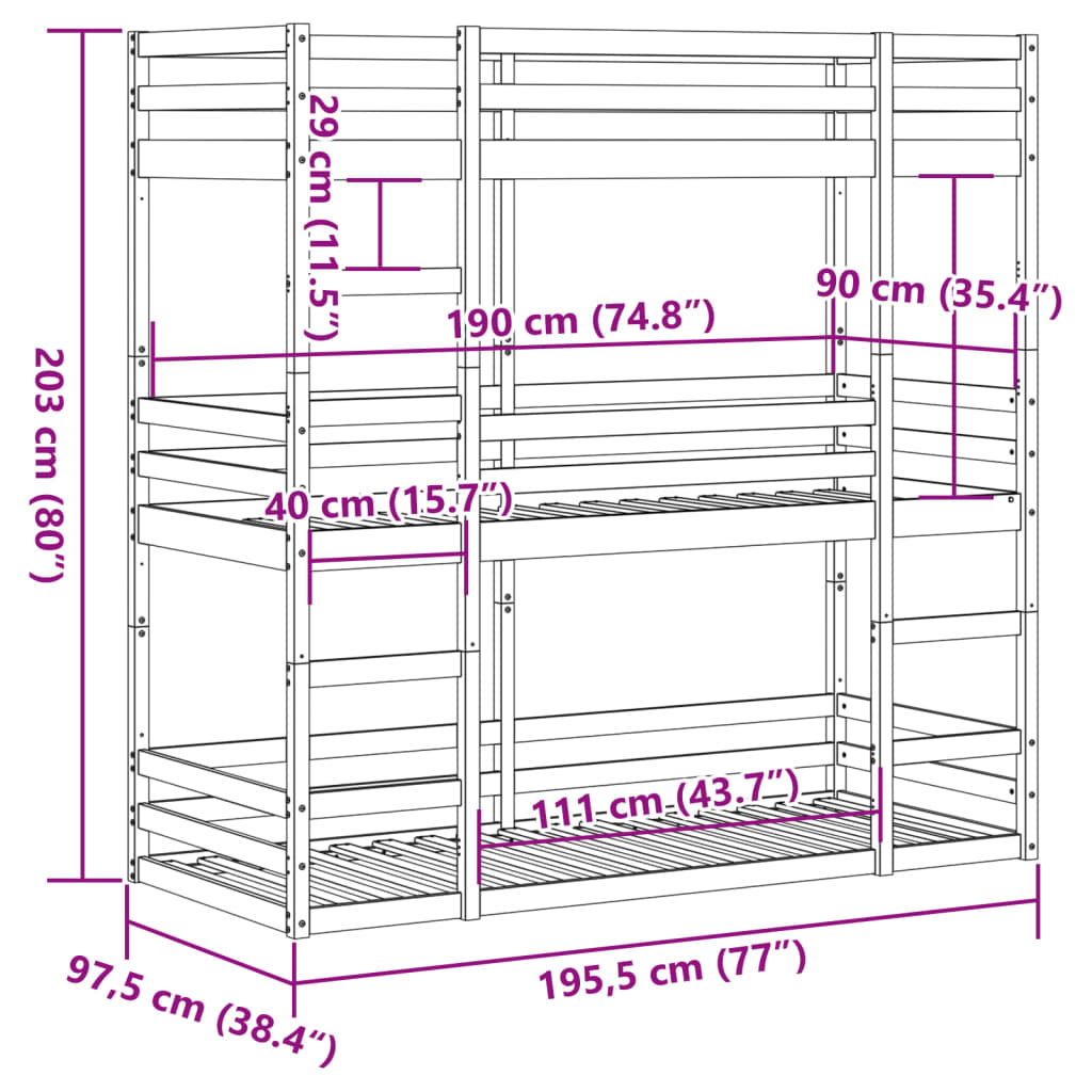 Trippel Køyeseng 90X190 Cm Heltre Furu
