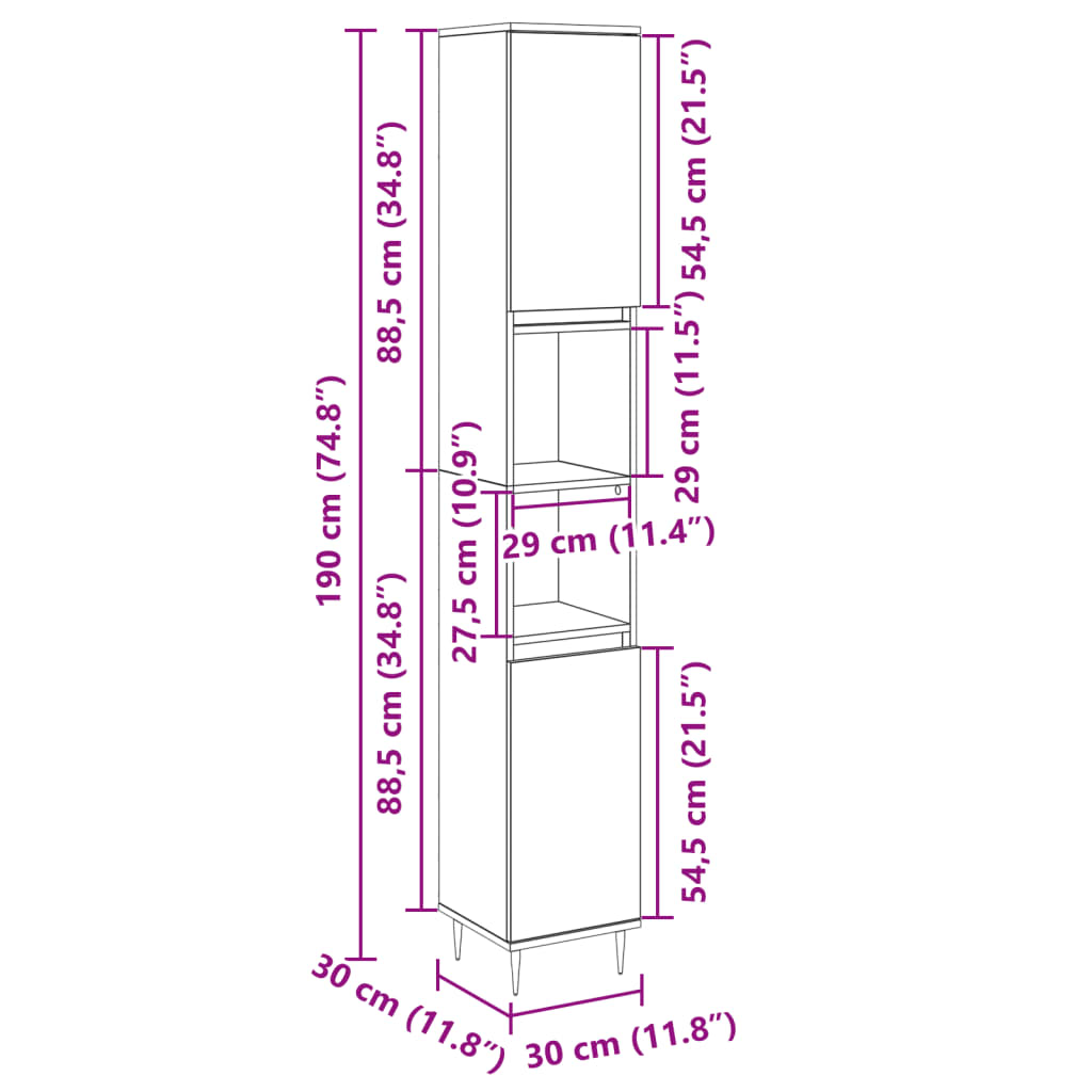 Baderomsskap Sonoma Eik 30X30X190 Cm Konstruert Tre
