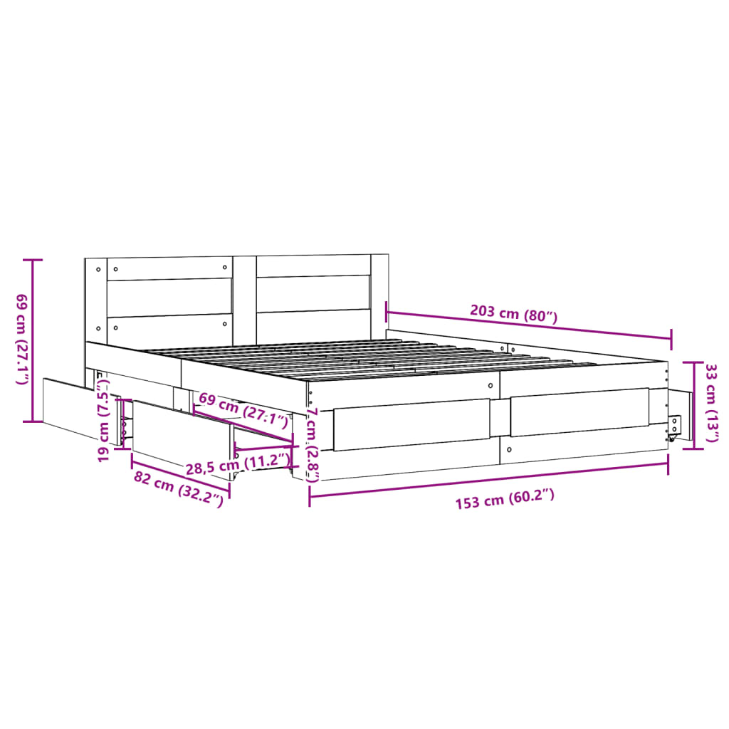 Sengeramme Med Hodegavl Hvit 150X200 Cm Konstruert Tre