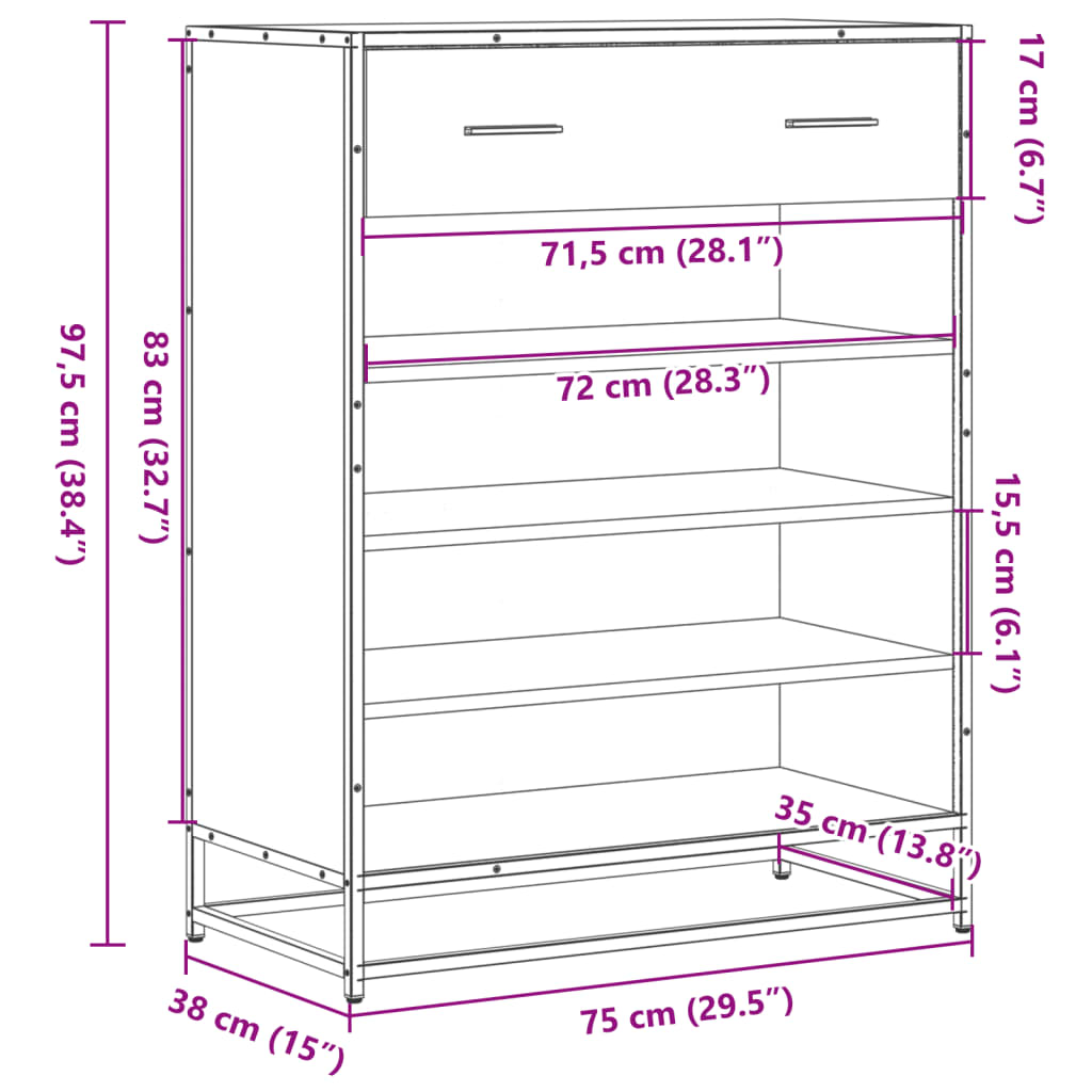 Skoskap Sonoma Eik 75X38X97,5 Cm Konstruert Tre Og Metall