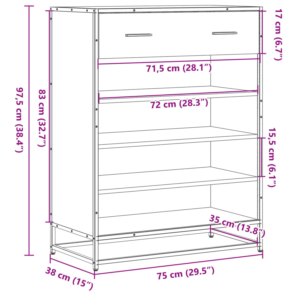 Skoskap Brun Eik 75X38X97,5 Cm Konstruert Tre Og Metall