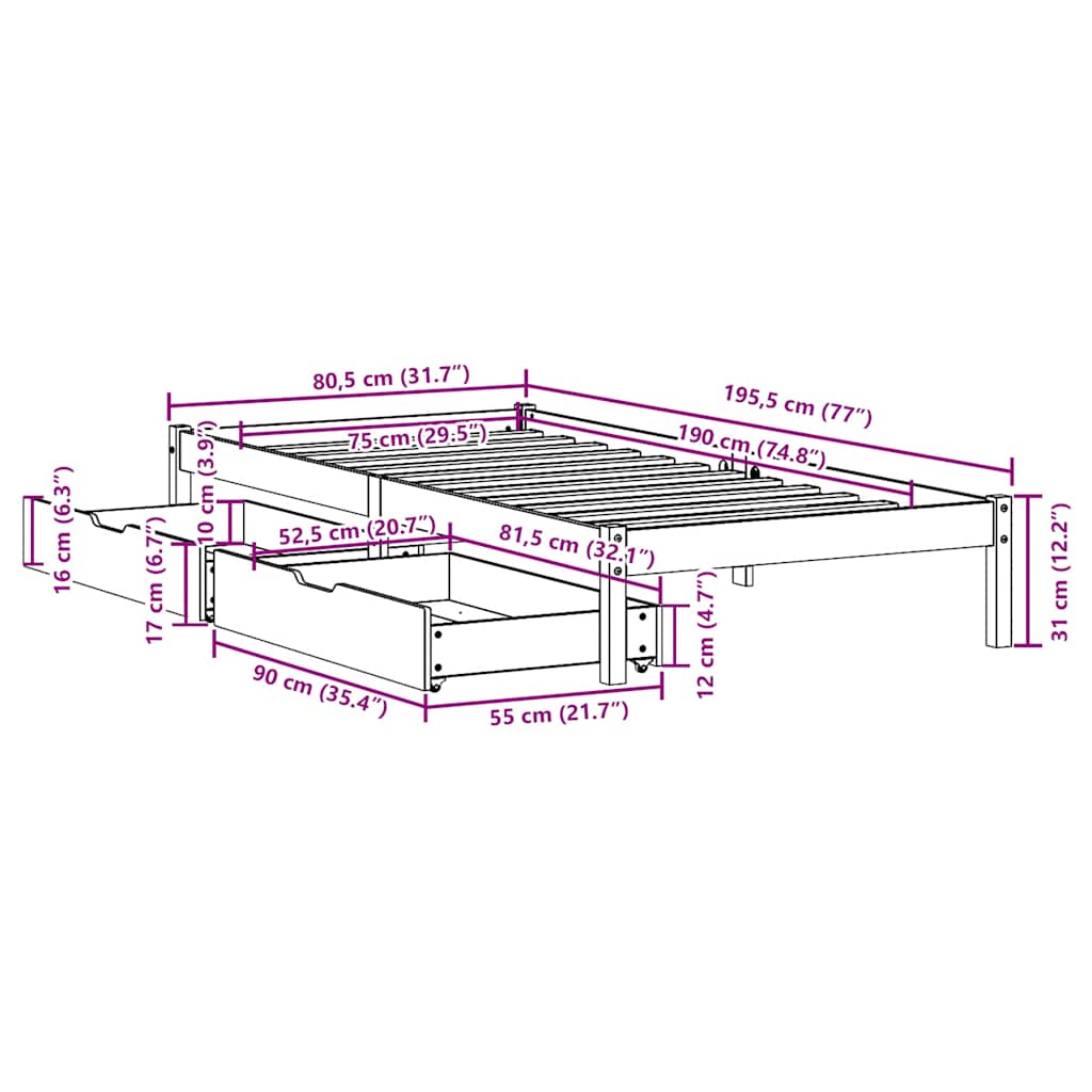 Sengeramme Uten Madrass Hvit 75X190 Cm Heltre Furu