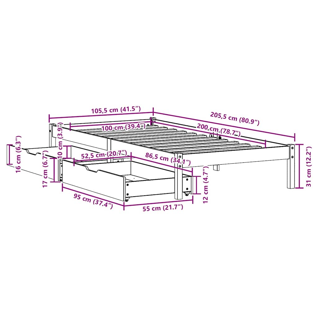 Sengeramme Uten Madrass Hvit 100X200 Cm Heltre Furu