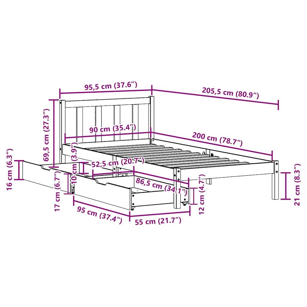 Sengeramme Uten Madrass Hvit 90X200 Cm Heltre Furu