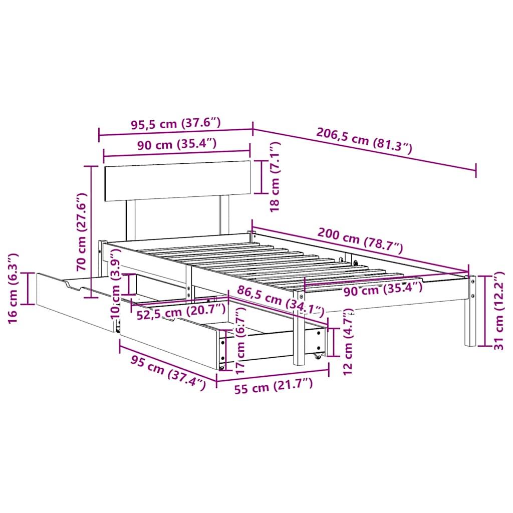 Sengeramme Uten Madrass Hvit 90X200 Cm Heltre Furu