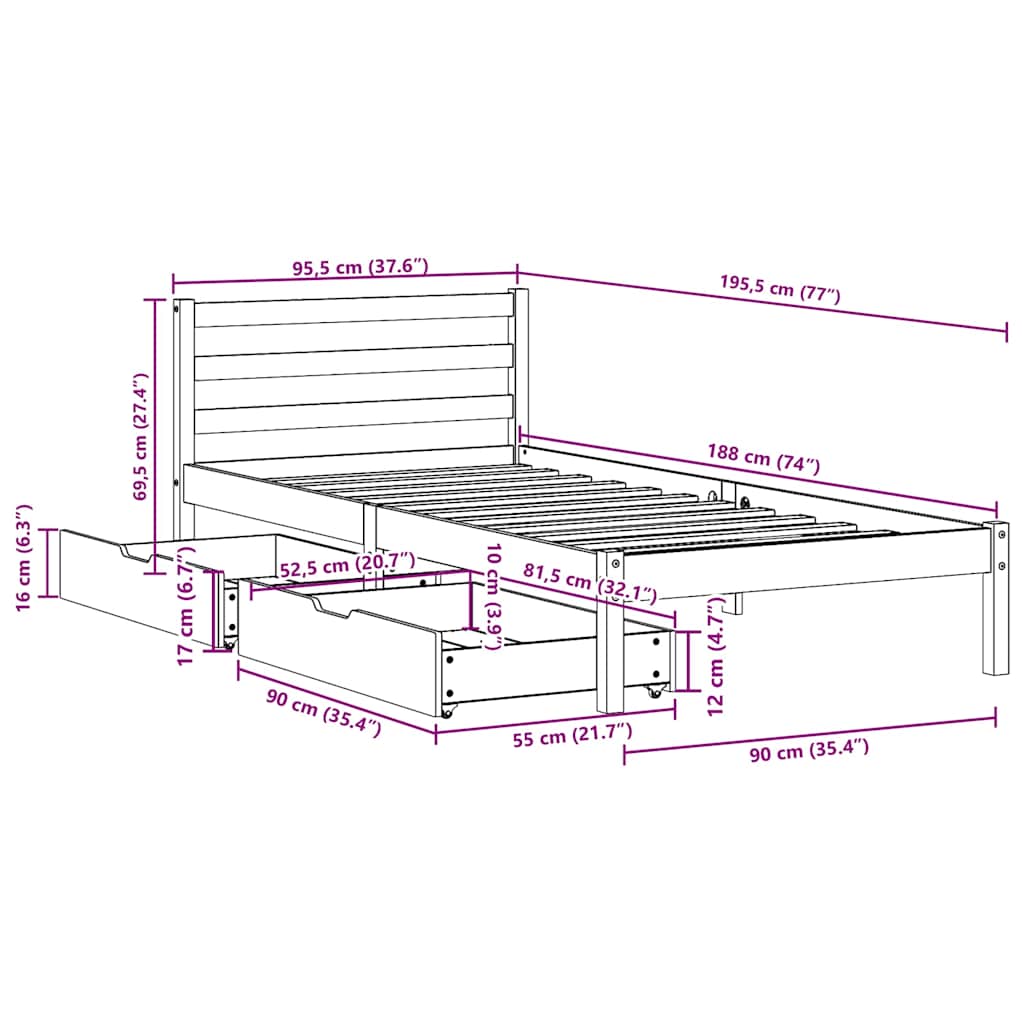 Sengeramme Uten Madrass Hvit 90X190 Cm Heltre Furu