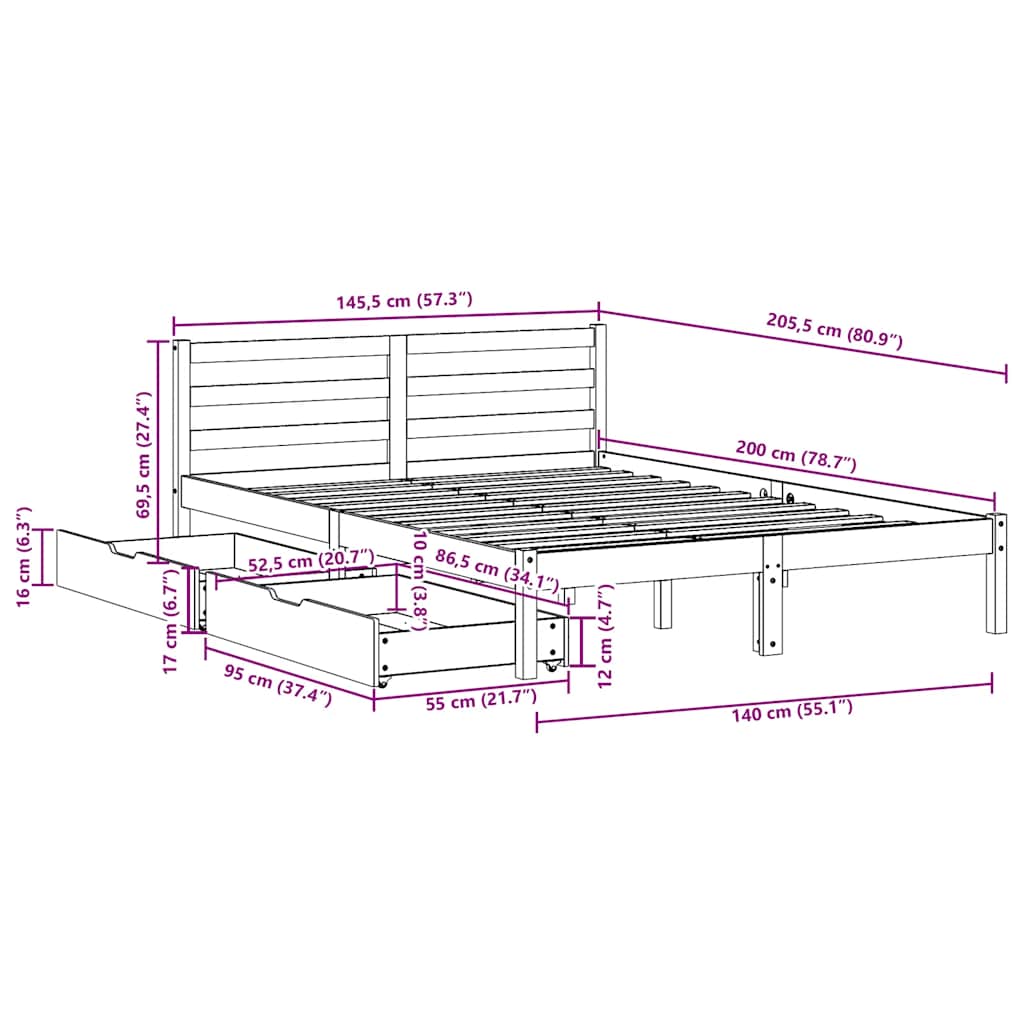 Sengeramme Uten Madrass Hvit 140X200 Cm Heltre Furu