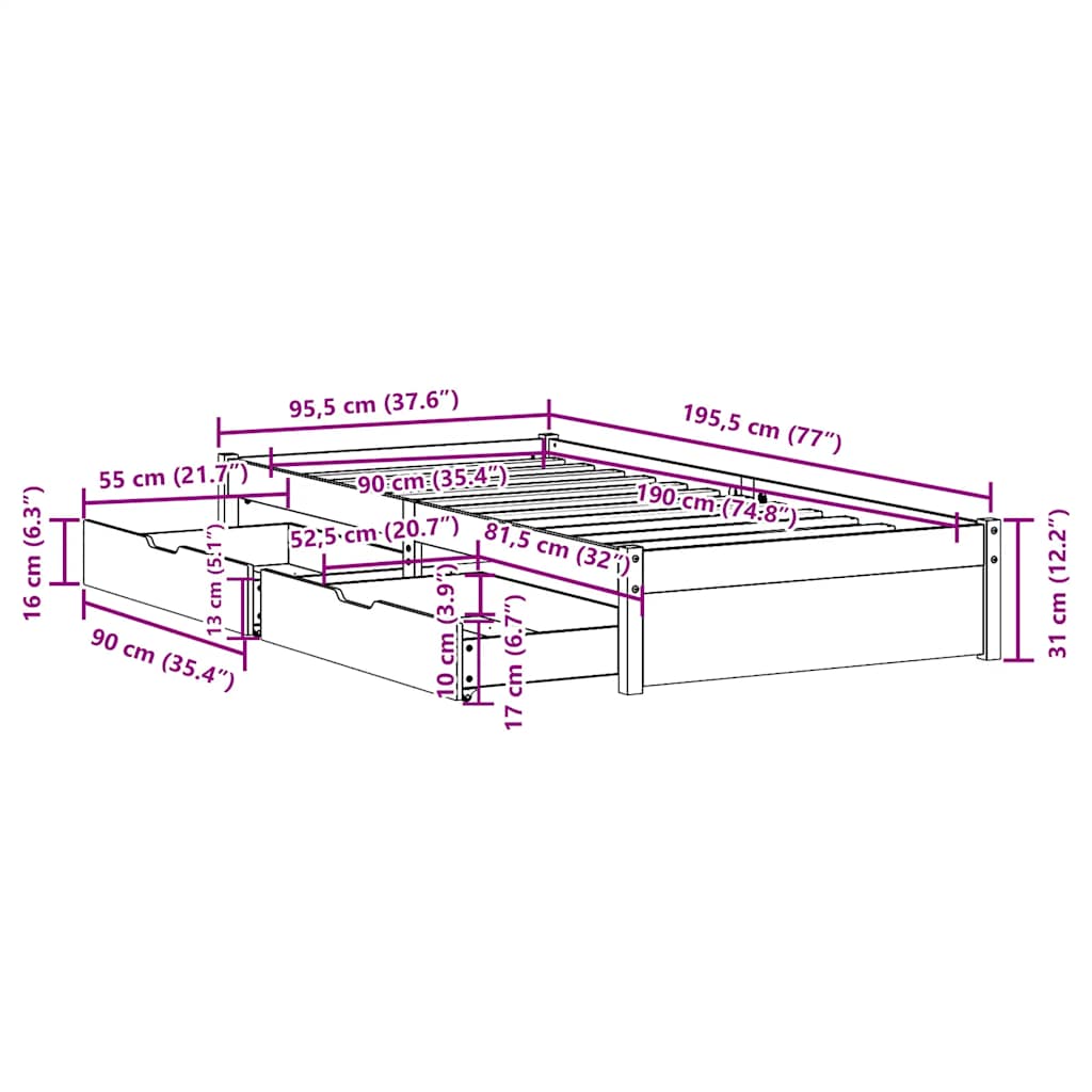 Sengeramme Uten Madrass Hvit 90X190 Cm Heltre Furu