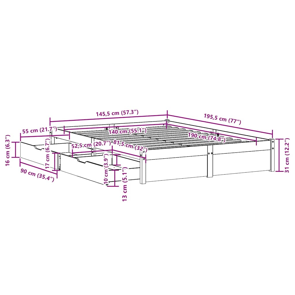 Sengeramme Uten Madrass Hvit 140X190 Cm Heltre Furu
