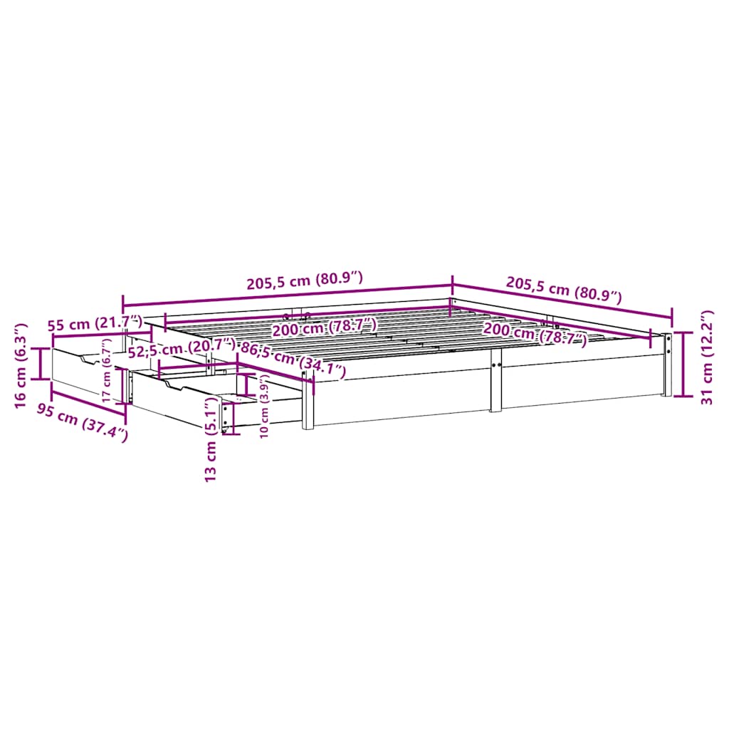 Sengeramme Med Madrass Hvit 200X200 Cm Heltre Furu