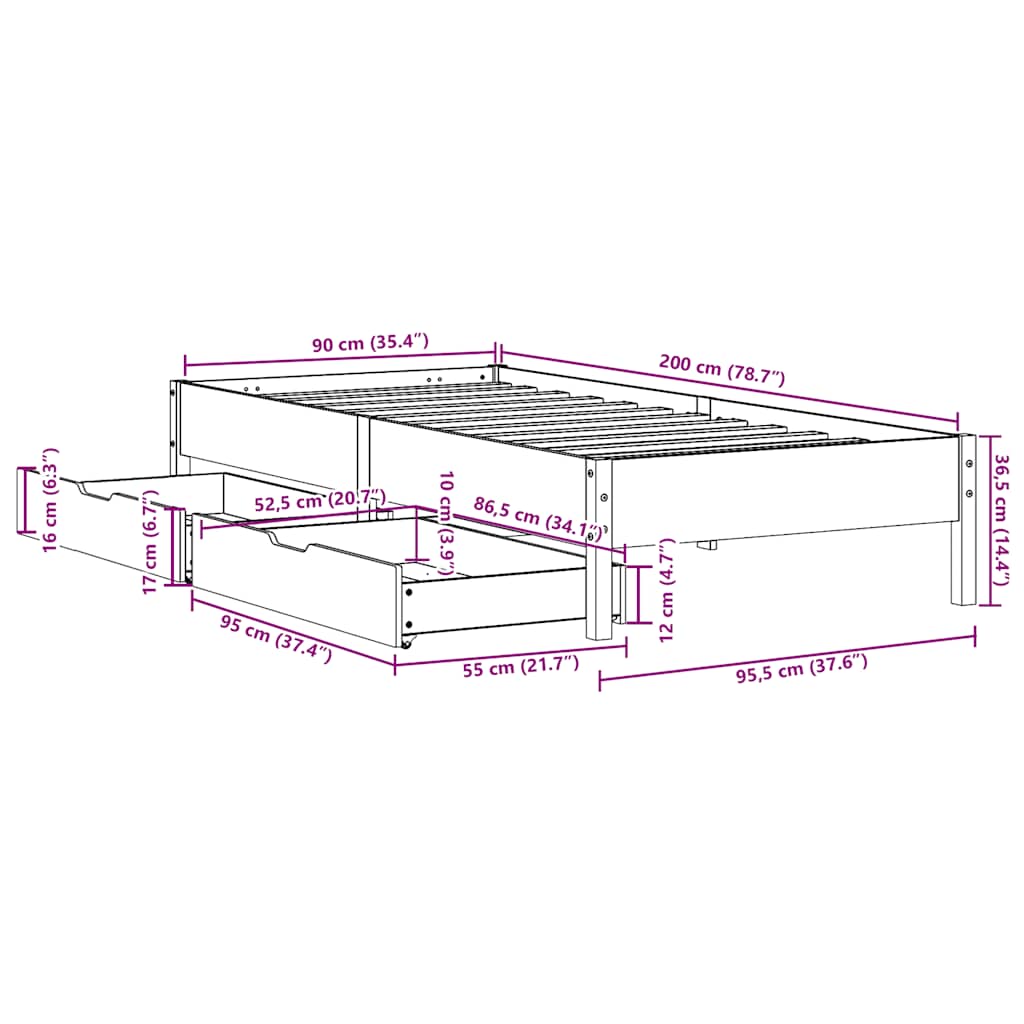 Sengeramme Uten Madrass Hvit 90X200 Cm Heltre Furu
