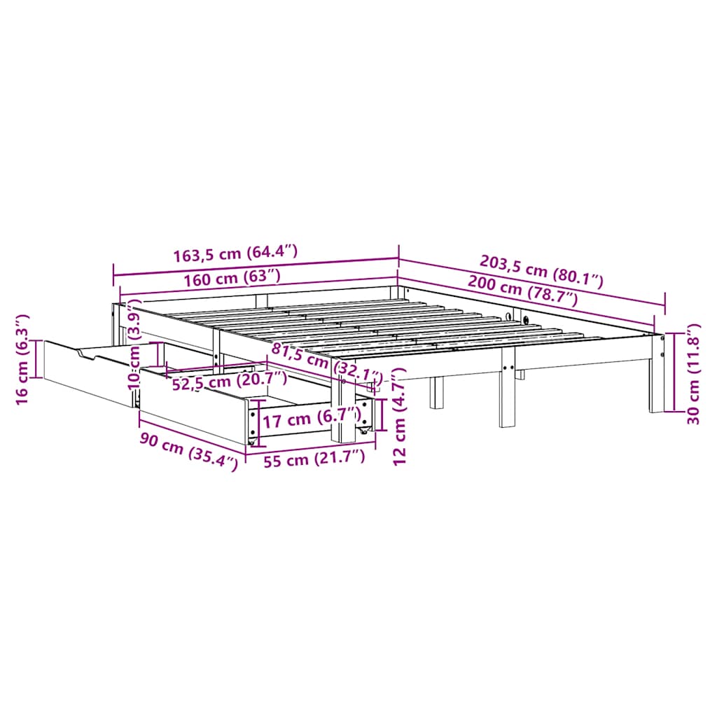 Sengeramme Med Skuffer Hvit 160X200 Cm Heltre Furu