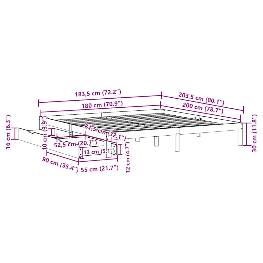 Sengeramme Med Skuffer Hvit 180X200 Cm Heltre Furu