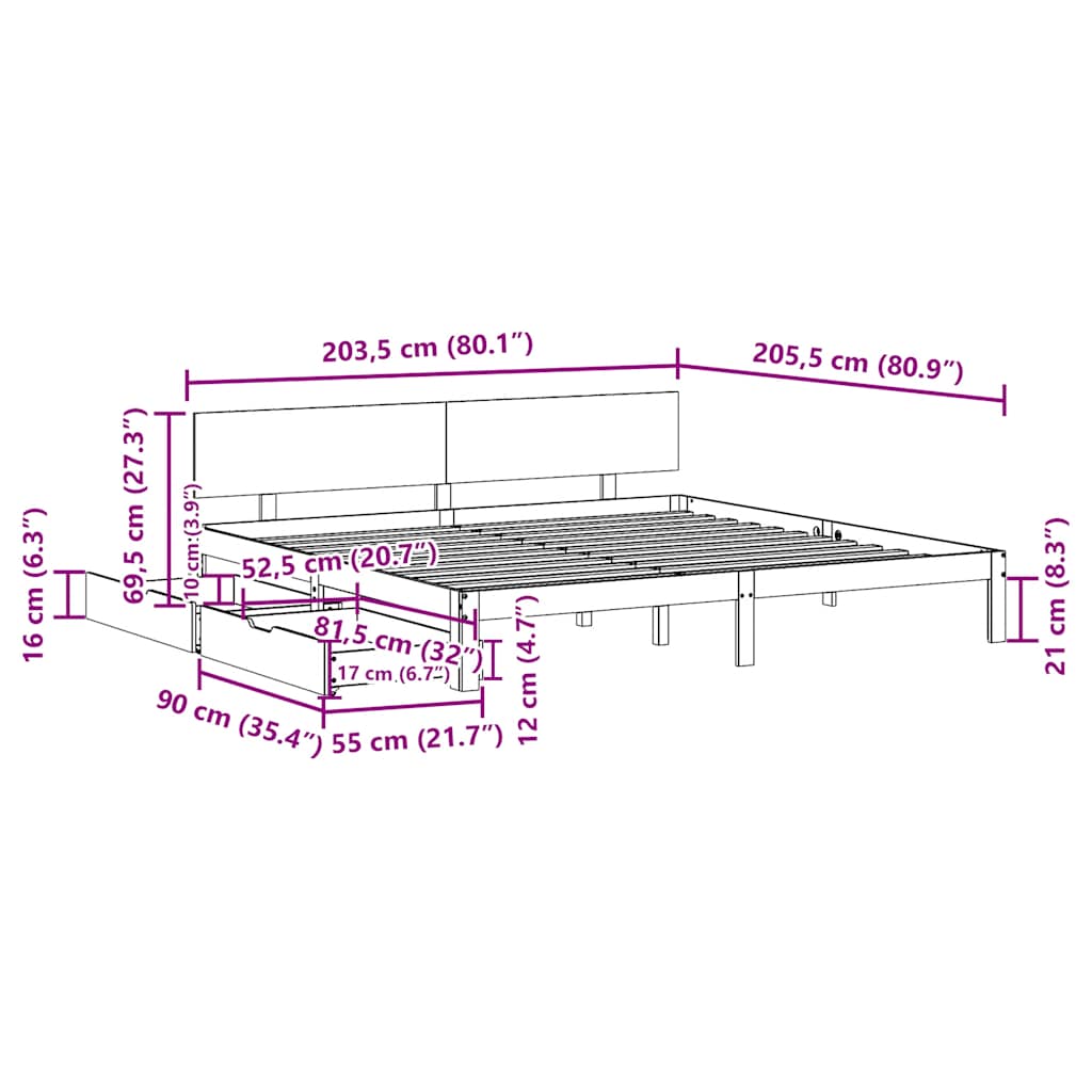 Sengeramme Med Skuffer Hvit 200X200 Cm Heltre Furu