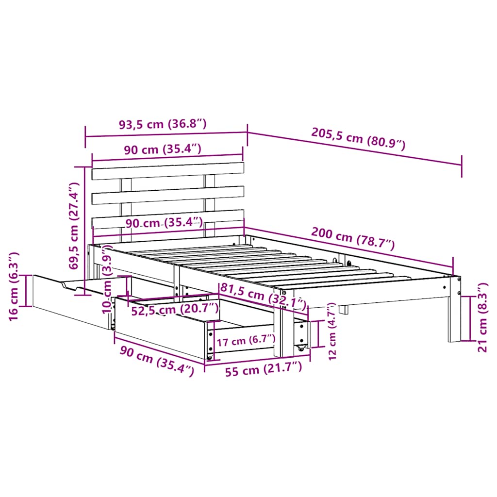 Sengeramme Med Skuffer Hvit 90X200 Cm Heltre Furu