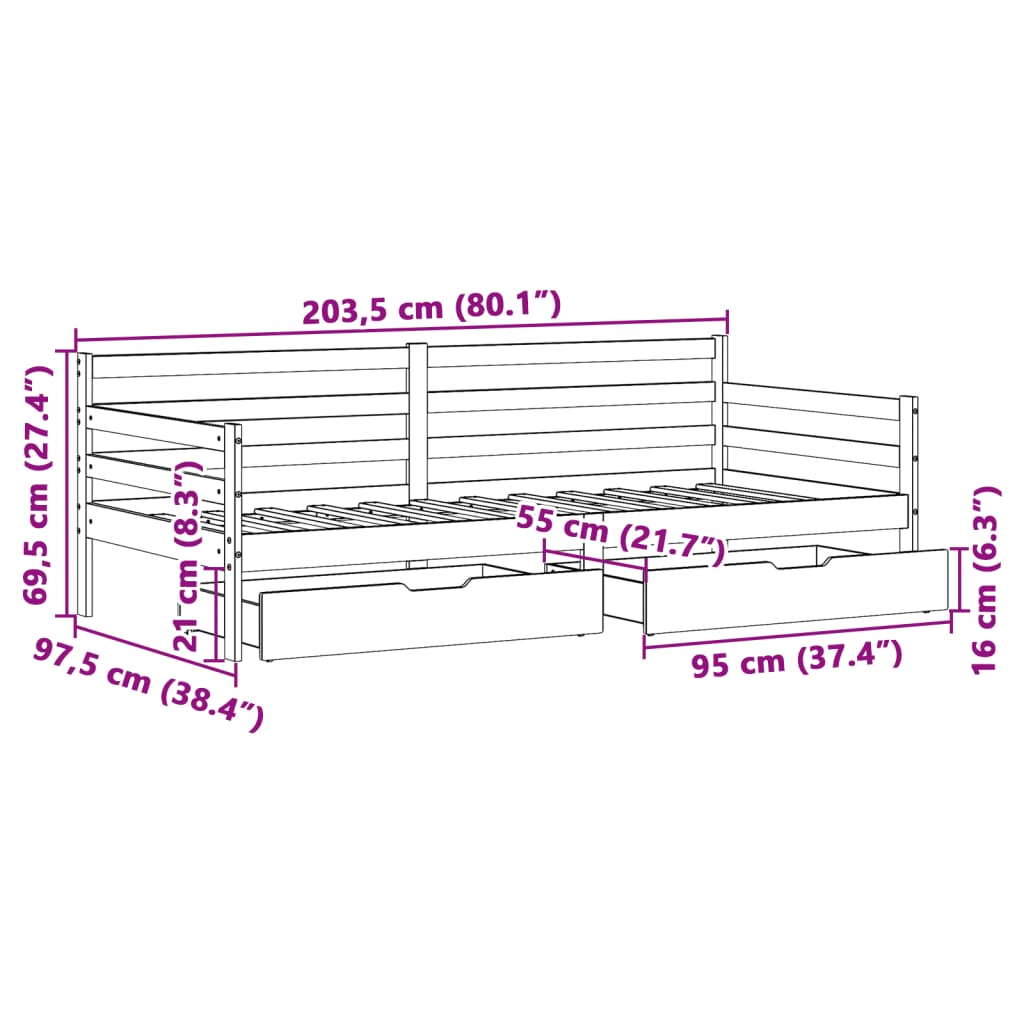 Dagseng Med Skuffer Hvit 90X200 Cm Heltre Furu