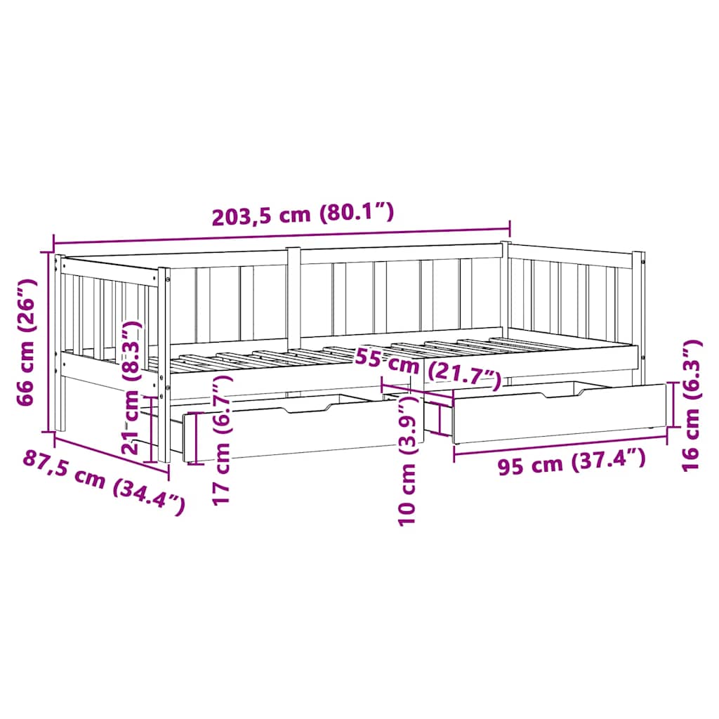 Dagseng Med Skuffer Hvit 80X200 Cm Heltre Furu