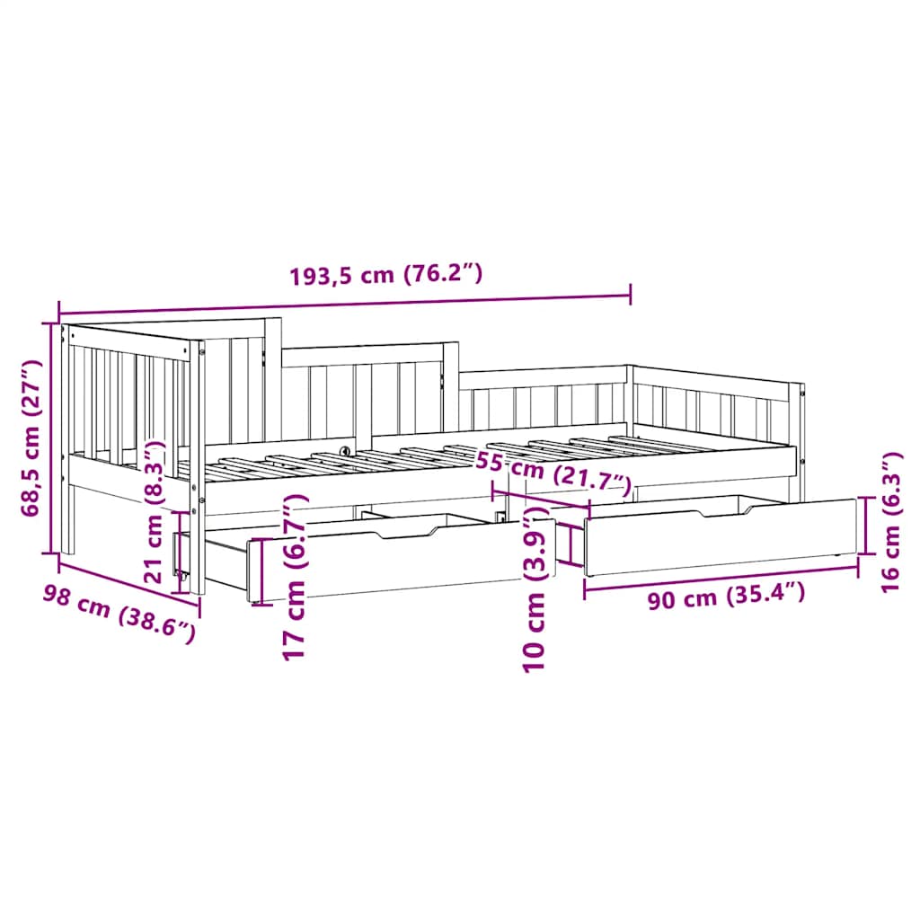 Dagseng Med Skuffer 90X190 Cm Heltre Furu