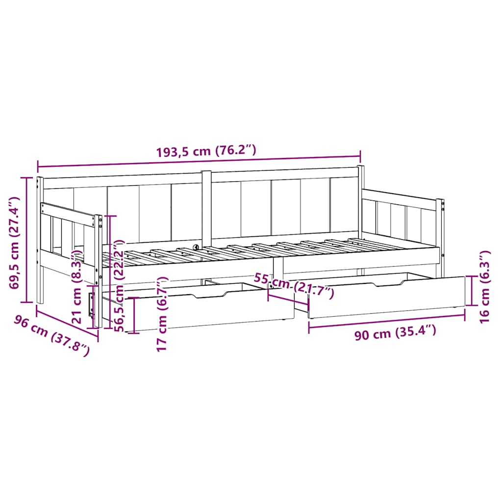 Dagseng Med Skuffer 90X190 Cm Heltre Furu