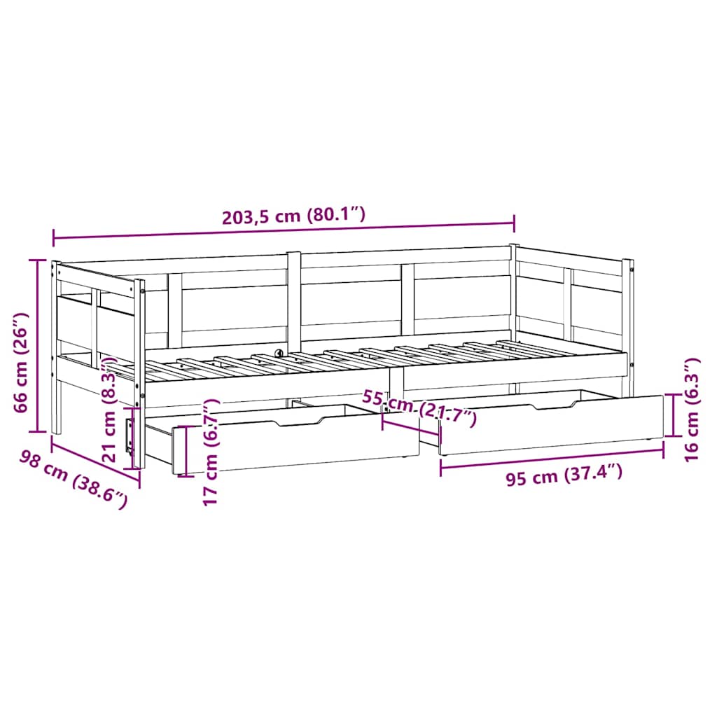 Dagseng Med Skuffer Hvit 90X200 Cm Heltre Furu